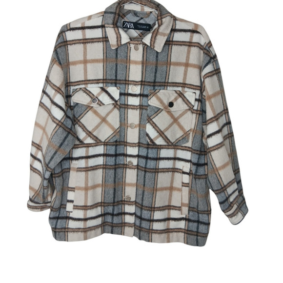 Zara Plaid Shirt Jacket Shacket Oversized Long Sleeve Button Up Womens - Picture 2 of 11
